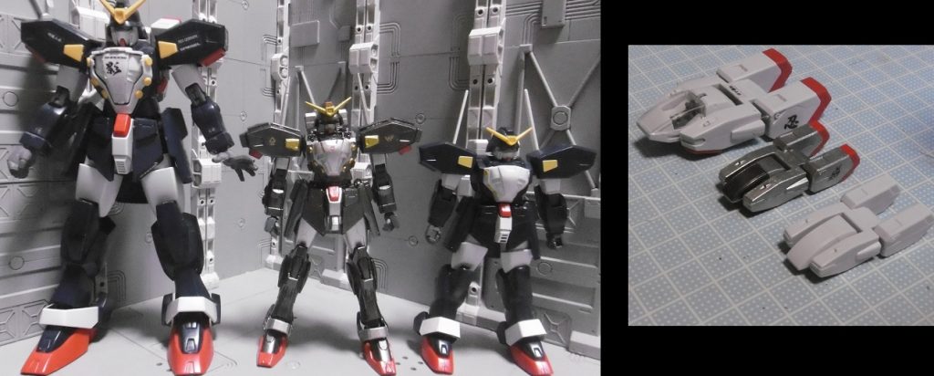 本体&コアランダー比較。左がMGで、右が1/144。
共に説明書通りに組み立てた状態です。
このパチ組み2体を側に置き、あれこれ思案しながら製作しました。
コアランダー側は無改造です。
コアランダーの両側にはハート系デカールを使い「出来た物は本家の偽者でも製作愛はありますよ」的な洒落じみた意味付けをしました。
シャッフルハート云々は関係ありません。