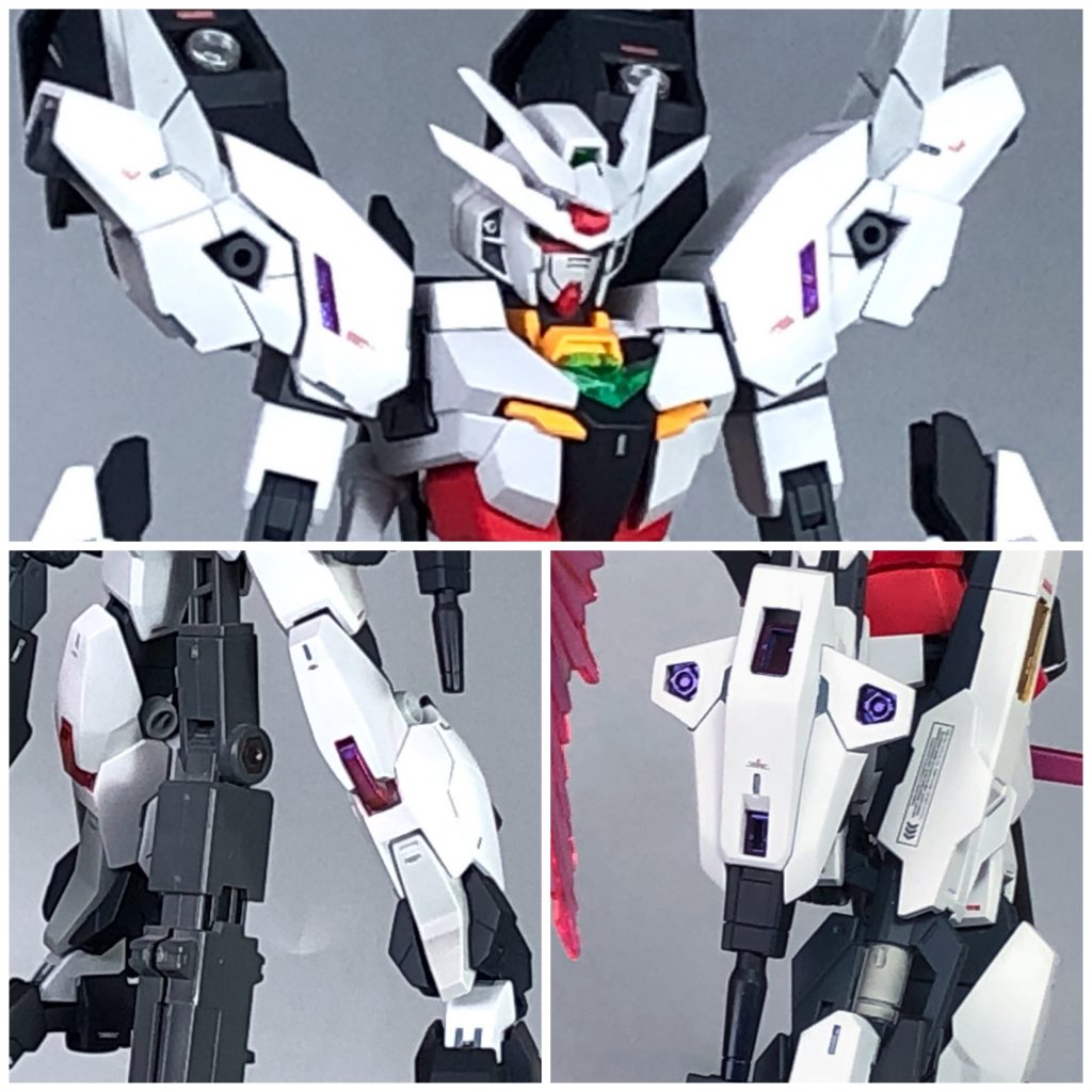 本作の見所の1つとして、各部にガイアノーツの「プリズムアズライトルビー」を配しています。白一色の外装の中でいいアクセントになってくれたと思います。
ビームエフェクトにも軽く吹いているので、角度によって青く輝いて見えます。