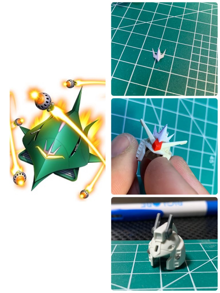 製作工程です。頭部はモチーフとしているエルメスの前面部をガンダムのV字アンテナとプラ板で作ったアンテナで再現しようとしましたが、うまいこといかずボツ案に…代わりにツインアンテナを取り付けました。