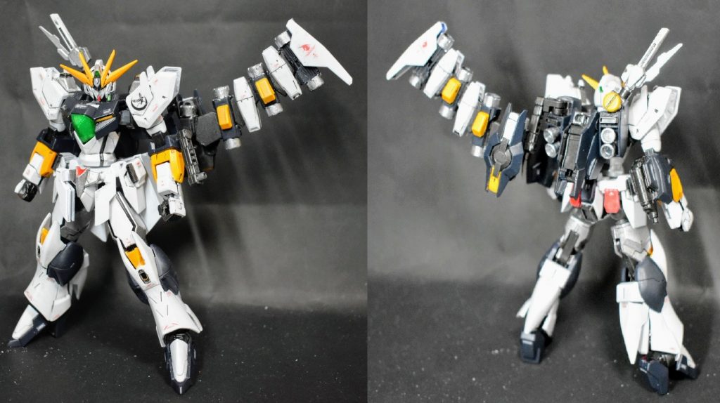 HWS取っ払った素体 ベースキットは当然リボーンズガンダムあとはリバーシブルガンダムとフェイクニューユニットとそこらへんにあったジャンクパーツいろいろGNドライヴは胸とバックパック左側に1つずつ一応ツインドライヴになってますもともと太陽炉のあった両肘はサーベルラックと機銃に変更