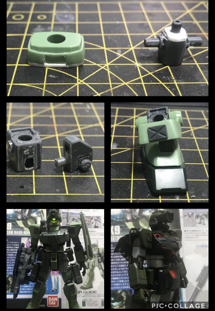 上から順に腰部延長工作、股関節接続軸にプラ板でスペーサーを作成し取付位置下げ加工。
足首関節を切断し、可動軸追加しアンクルガードが自然になるように加工。
塗装前、基本塗装完了後です。
塗装はジムスナイパーのカラーリングにしました。
塗装後スポンジチッピング、ドライブラシでウェザリングしています。