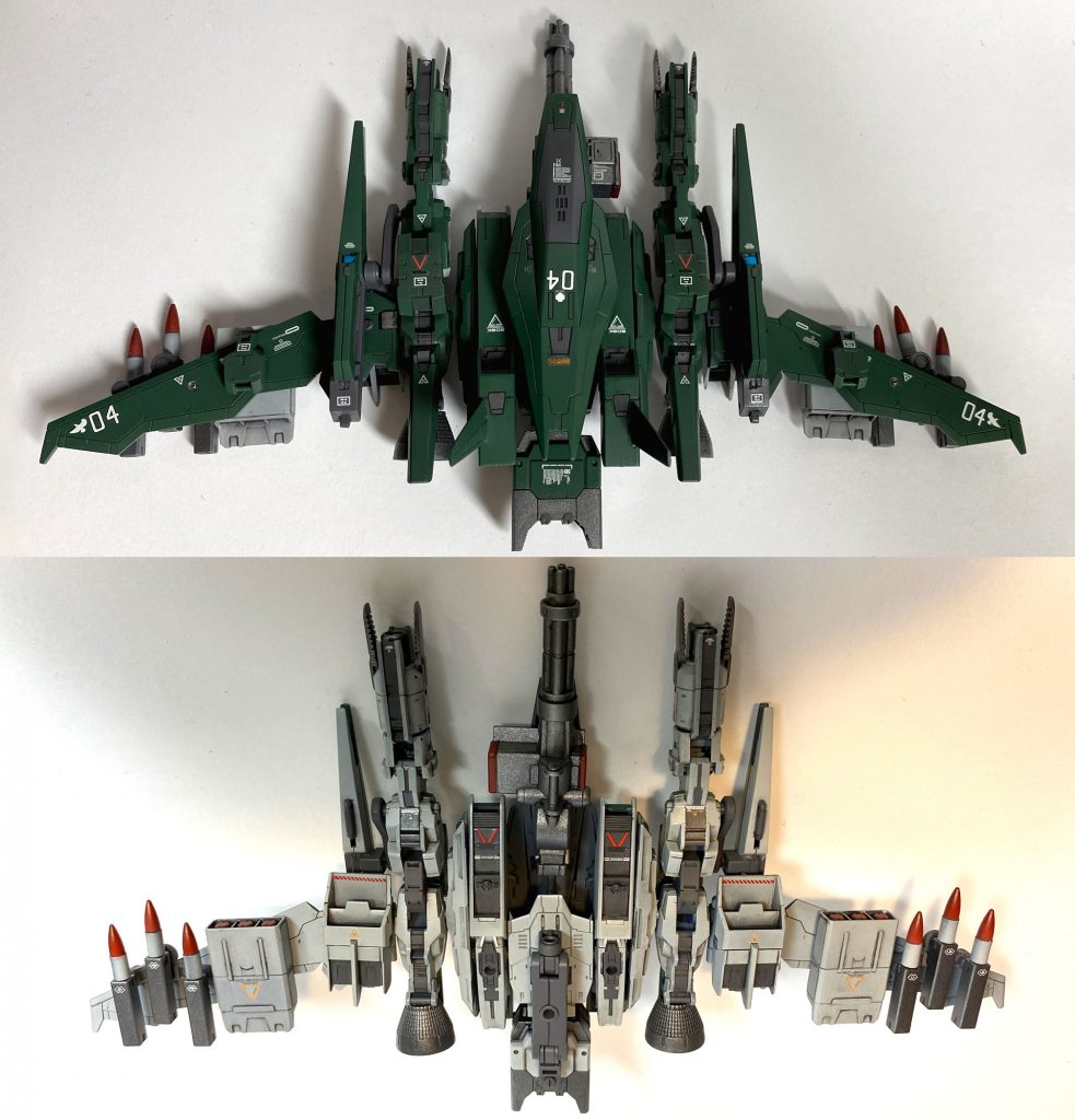 対地攻撃機らしいカラーをイメージしてグリーンとグレーで上下に塗分けられている。ミリタリー味はあるが現代ではあまり使われない迷彩塗装であり、GBN中の効果のほどは定かではない。
以上、妄想終了!
以下、製作工程です。