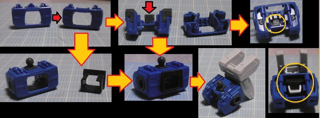 胴体はゴッドガンダムを上記のように改造しています。
元キットから切り取ったコアランダー格納部が収まるように背面を加工し、接着。頭部接続部はプラ製なので切除し、シュピーゲルのPCを横向きにして「エ」の字をプラの厚みに食い込ませるよう固定。
(それに合わせて接続部周りの形状を調整)