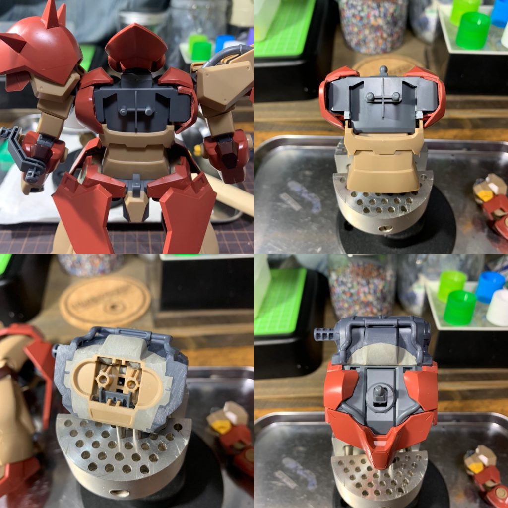 バックパックに合わせて外装をカットして調整しています。
接続はキットのバックパックを中に埋め込みパテで固定し成型しました。