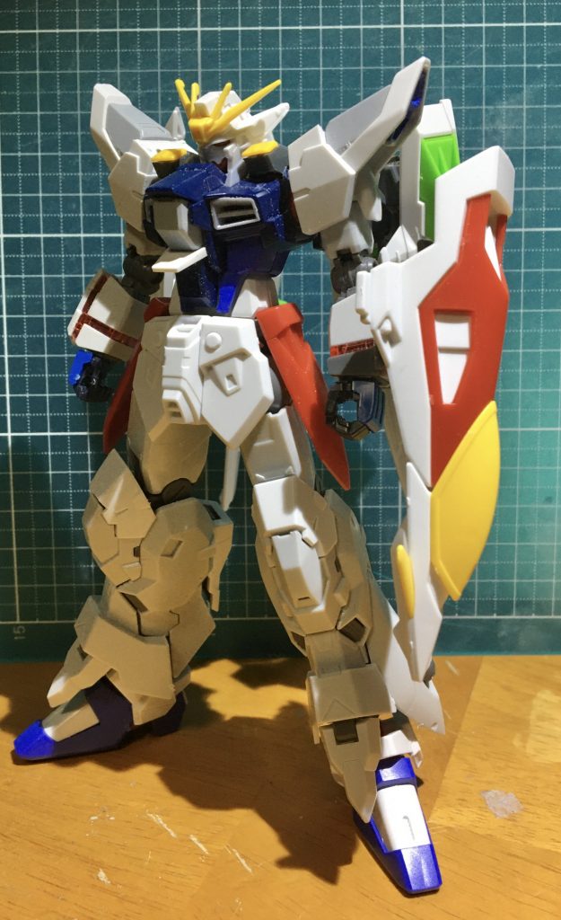 HGACウィングゼロのパーツを組み込んだ状態（初期版）
この段階で取り付け可能なパーツのみで構成した状態。
そのため、胸部ゼロシステムやアンクルアーマー、サーベルユニットが未搭載となっています。