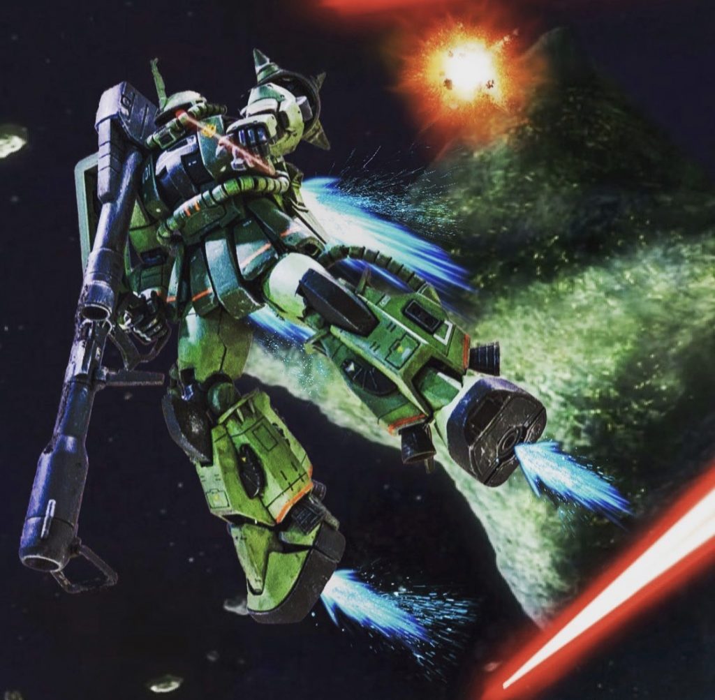 MG黒い三連星高機動型ザクVer2.0の箱絵ポーズを取らせ、適当にソロモンの背景を合成して噴射炎等のエフェクト付けてみました。モノアイの残像が良い感じにできました。
合成ノウハウも色々勉強してみたいです。