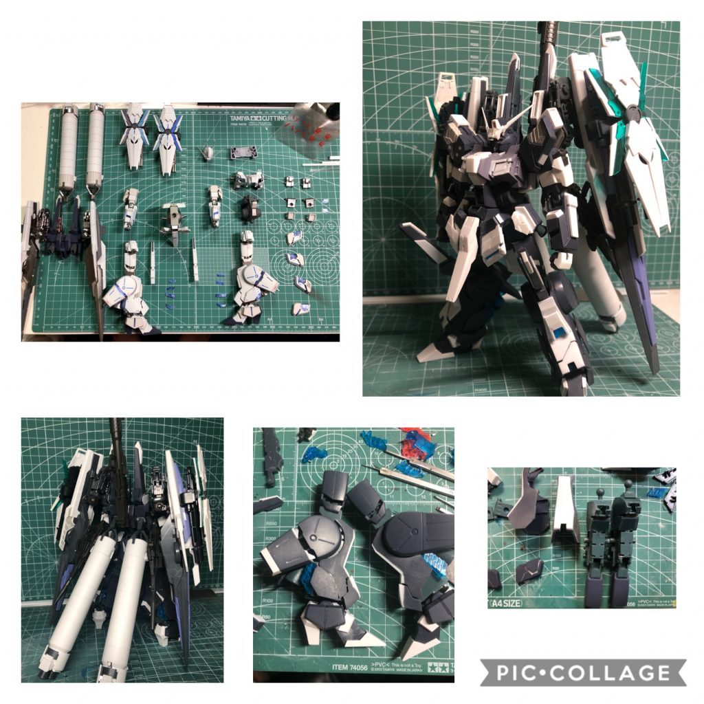 シルヴァの脚が長いので足首軸の位置を移動。
外装、スネ部分を形状変更。
アンテナはユニコーンを使用。
アンテナ付け根はプラ板とパテで再現。
使えるDNT部分を探して仮付け
DNTを入れたい部分を削り取り、はめ込み式の状態に。
画像撮り忘れて有りませんが
胸、太もも、ふくらはぎ部分のDNTはプラ板で製作。
腕部分はスジ彫りにて再現。