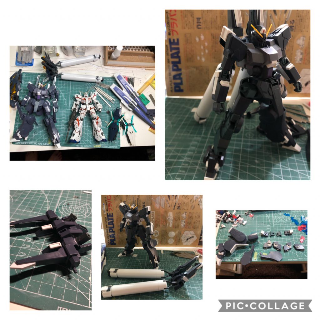 1/144使用のミキシングと言う事で使用した機体は
HGUCシルヴァバレット
RGユニコーン
他いろいろデス。
バックパックはツノ部分の位置変更。
プロペラントタンク取付部品接着。
肩アーマーはDNT用にスライドしそぅな所を外し、DNTはパテにて製作。