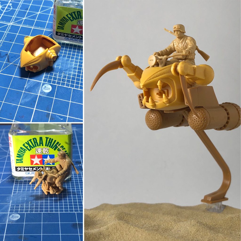 製作工程をちょこっと。
現物合わせしながらザクレロくりぬいたりバイクをカットしたり。
兵士はほぼ無加工ですが、膝だけは引っかかるので鬼のヤスリがけ。
痛い痛い痛い。