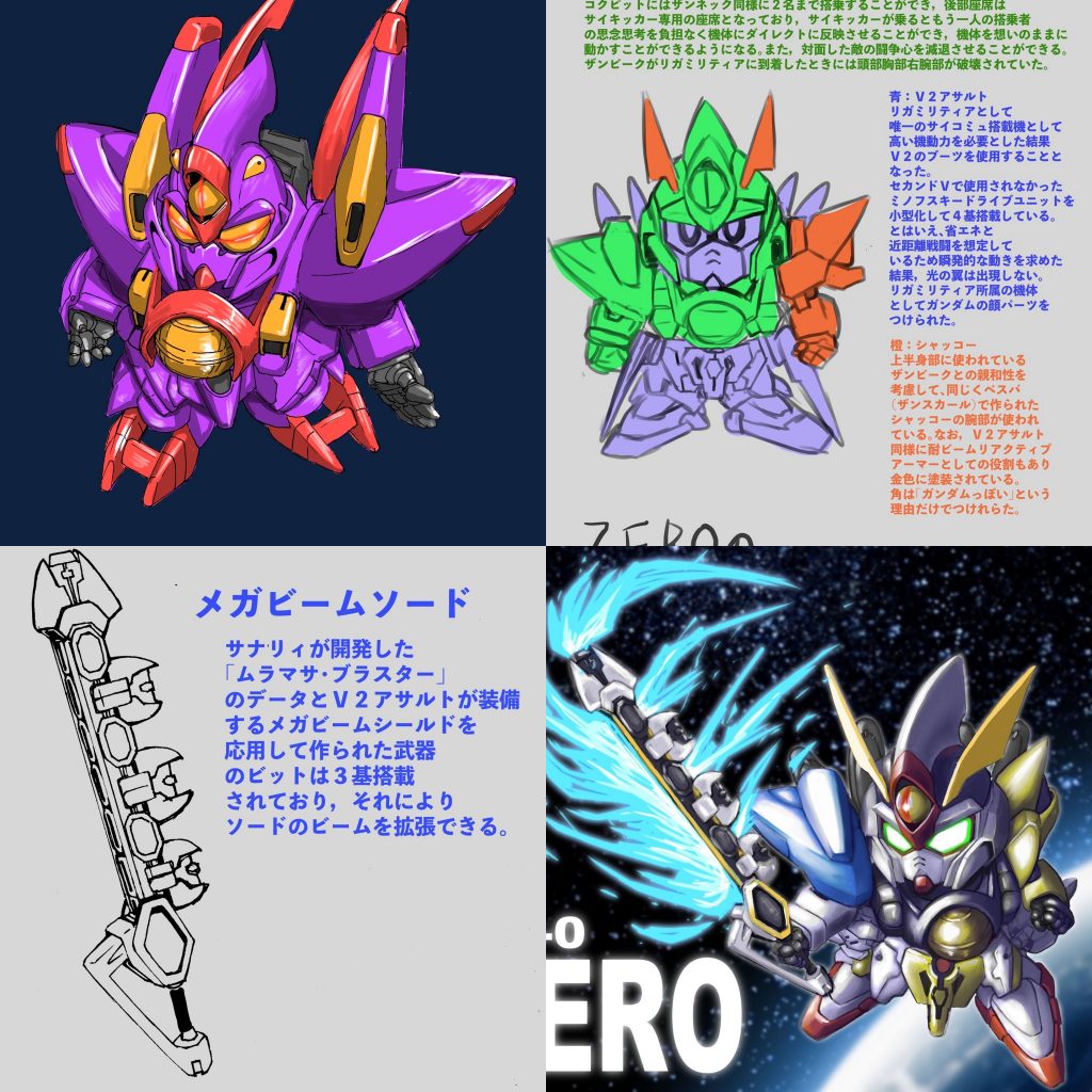 まずは今回リアル化した機体の紹介から。
SD絵師トムターモさん(Twitter:@hesogoma3000)のオリジナル機体「ゼロ」、Vガンダムの世界観で産まれた「戦争を「無」くす(ゼロにする)ための機体」という設定です。
SDの魔竜剣士ゼロのリアルタイプへの逆輸入SDで、ザンスカールのMSとリガミリティアMSが合わさったデザインとなっており、パイロットはカテジナ&シャクティの2人乗り仕様