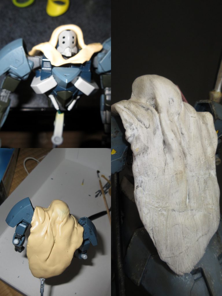 袈裟風頭巾。実際本体にあてつつパテ成型を行いました。別パーツで作ってる為取り外しも可能となってます。