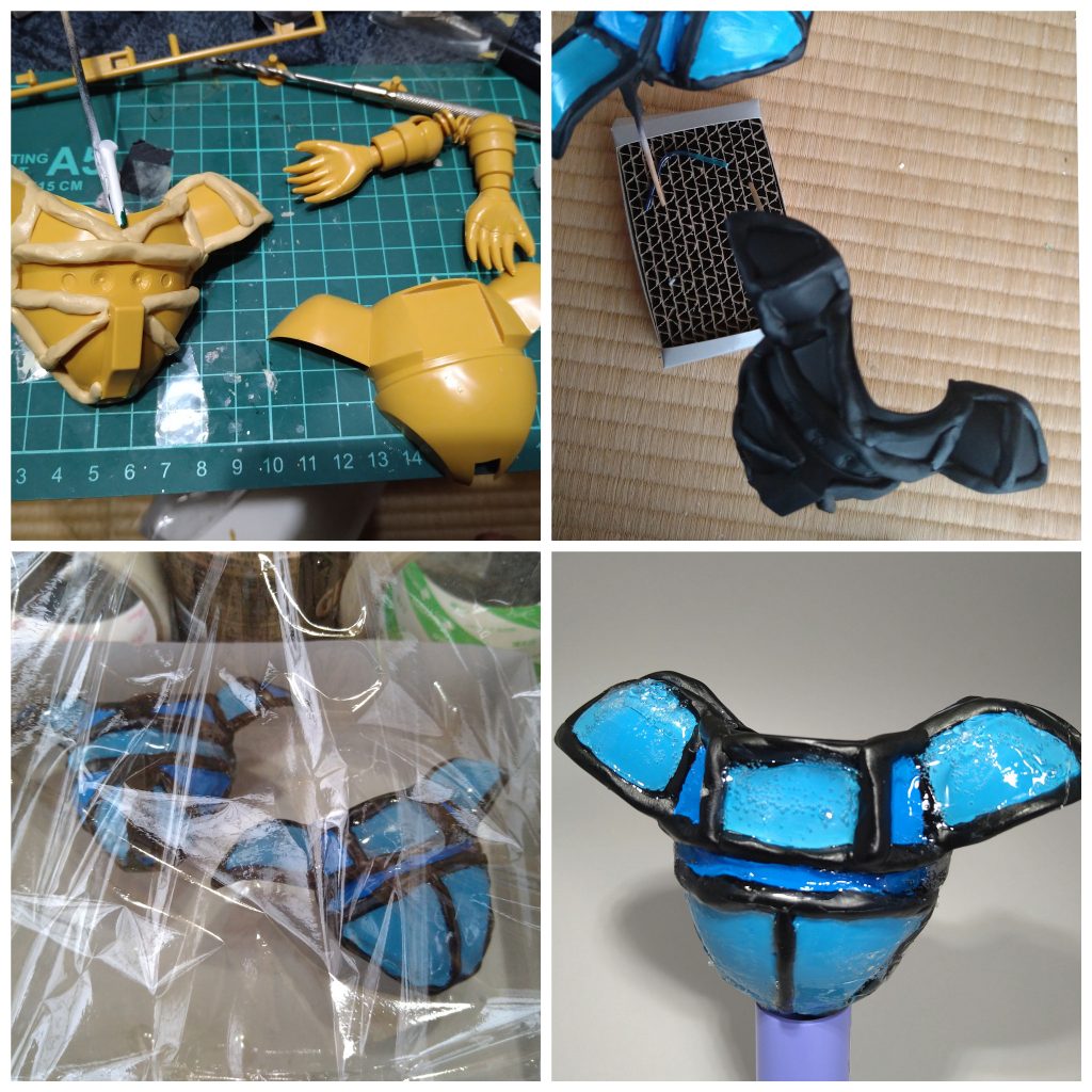 パテを使用しボンドを流し込む土手を作り、塗装。塗装後トップコートを吹き塗装面を保護した後にボンドを流し込みました。その後固まるまでホコリがつかないようにラップをかけて乾燥させています。