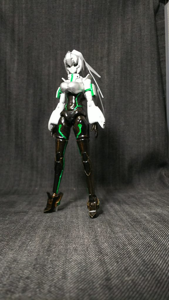 まずモビルドールメイから、基本プロポーションを弄っている以外は基本的には普通の状態とほとんど変わってませんが、今回黒い部分はライダースーツみたいにテカテカな感じで塗装しています