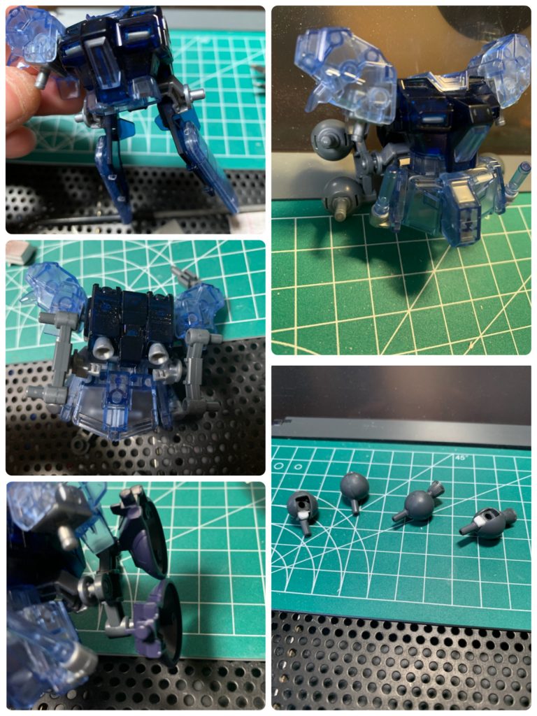 サイコミュビット製作工程元キットのペイルライダー空間戦仕様のジャイアントガトリングを取り付ける部分にジョイントパーツを付けてビット基部に…ビットは30MMのロイロイなど色々検討した結果、ガンキャノンの脚付け根を加工した物にしました。