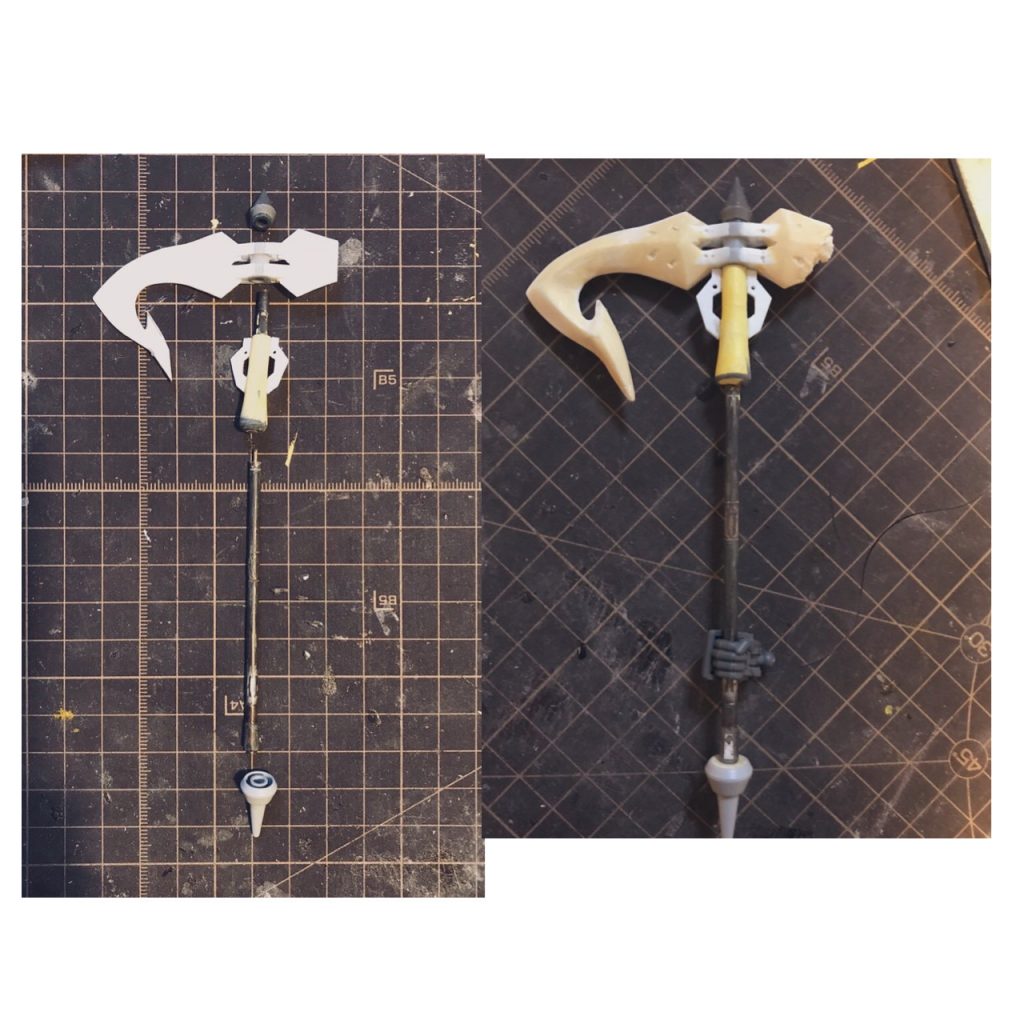 ［バトルアンカー］
設定画を見ながら図面に大きさを決めつつ書いていきます。プラ板に転写して形だし、あとはパテ盛りで気合です。
武器スクラッチも初めてでそれなりになってホッとしてます。