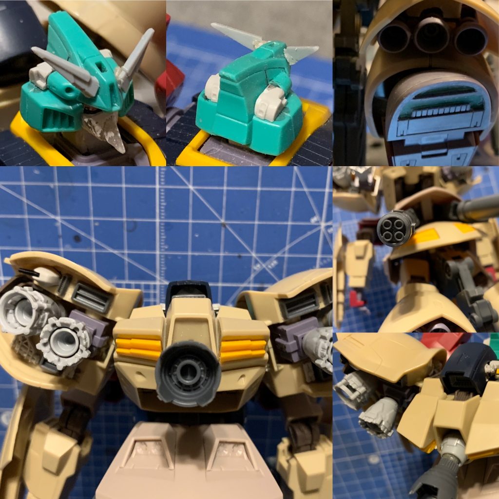 *制作工程2*
頭部後面左右やバックパックの肩アーマー隙間に1/700艦船のパーツを使用。
少し懐かしい感じにしました。
コードは「テクノロート」を使用（テクノロートは手作り帽子の縁で形を作る芯に入れ、自由に曲がる樹脂製の針金みたいな手芸材料）。
背中裏側に沢山バーニアを付けて高機動型をアピール。
アンテナやバーニアは制作中に紛失することが多く、都度交換しているため完成までの写真で所々形が違います。