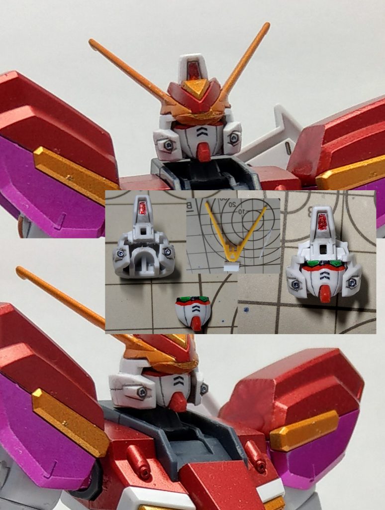 フェイスはGP03Sのを、裏面を削り込んで接着。
庇に1mmプラ板2枚使ったんですが、正直大きすぎました。メインカメラ見えない……ふにゃあ
整備兵「あれ、これメインカメラ真っ暗で何も映んないッスヨ」
整備長「ぴゅー」
兵「前回鮪で言ってませんでしたっけ? ロボットなんだから顔なくてカメラだけ置いとけばいいだろって」
長「今回はまぁその、他にも機能あるし、そもそもこのアンテナでガンダムフェイス使ってみたかったしな」
兵「それでメインカメラ潰してたら意味なくないですか」
長「すみません反省してます(しゅん」