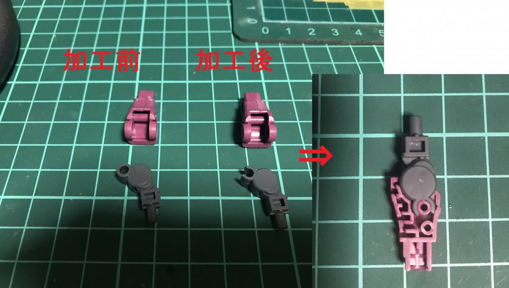 ヒジ関節は合わせ目消しの為に後ハメ加工をしました。