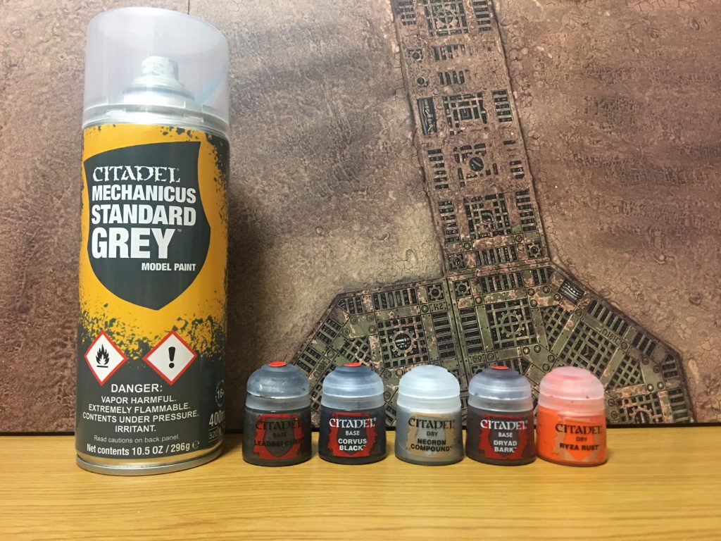 (　。・v・。)ﾉ 今回使用したシタデルカラー一覧です。
メカニカススタンダードグレー（スプレー）の発色（緑がかったグレー）なら、ジオン系に絶対に似合うだろうと思いました。

(　。・v・。)ﾉ 以上、最後までご覧いただきありがとうございました。