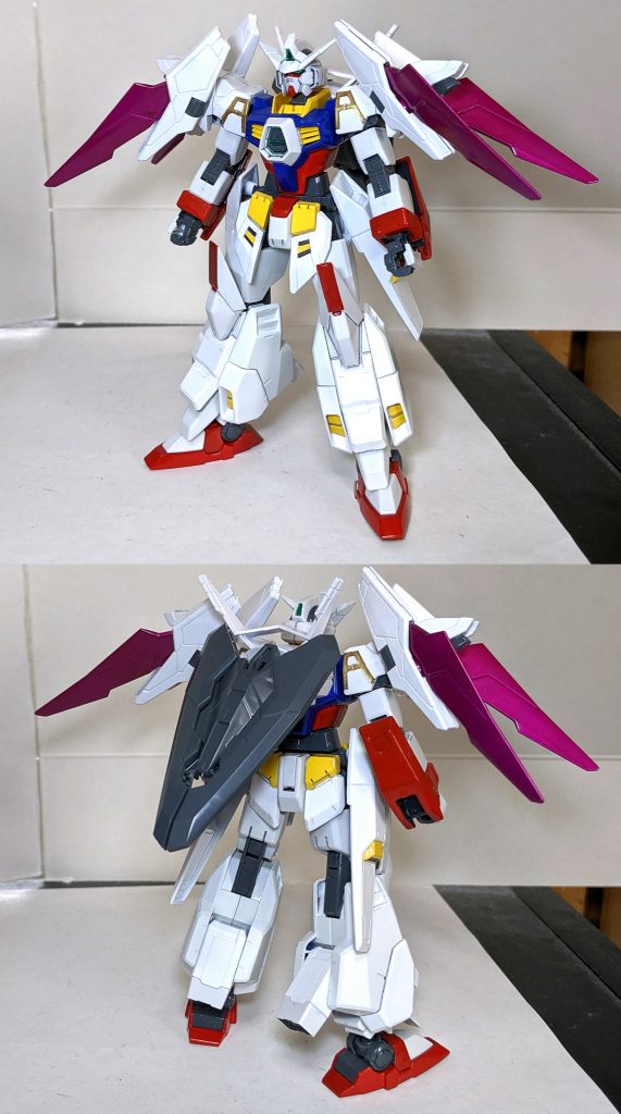 「AGEシステムがアスノ家3世代の戦闘データをベースに、ブルーシアのガンダム記念館に展示されていたガンダムAGE-1を大改修した機体。
専用カードで各ガンダムの武装・性能を召喚出来るトライエイジシステムを新たに搭載し、多彩な戦術が可能となっている。
専用カードはAGEシリーズ以外の未知のガンダムのカードも存在し、トライエイジガンダムはまさに刻を超えるのである。」（原文ママ


ガンダムトライエイジにてオリジナルMSとして誕生した機体、ベース機がAGE-1というのもあり長く続くトライエイジの記念すべき機体に相応しいガンダムとなってます。
ガンプラとしてはビルドダイバーズリライズに登場する為か、ガンダムTRYAGEマグナムとして商品化されているものの色さえ変えればトライエイジガンダムをしっかり再現する事ができます。（ただし本作はセンサー部は本来黄色系の色なのですが塗るのに苦戦した為そこだけはそのまま使用してます