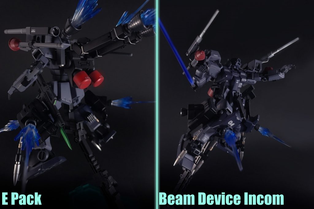 エネルギーパック本機は膨大なエネルギーを消費する「Iフィールドジェネレーター」と多数のスラスターを搭載し、それらを安定稼働させる為、本来は支援砲撃機に装備されるタイプの大型のエネルギーパックを2基搭載しています。本機の武装はエネルギー消費の少ない実体、実弾兵器が中心となっているものの、エネルギーパックを増設しても尚、十分な量とは言えず、搭乗ダイバーは非常に繊細なエネルギー管理が要求され、本機の操縦難易度の高さの要因の一つとなっています。
BDインコム(ビームデバイスインコム)有線式準サイコミュ兵器。一般的なリレーインコムとは異なり、¨敵の死角に入り込む¨程の飛行能力は持たないものの、操作ワイヤーにジェネレーター直結の「エネルギーケーブル」を用いる事でエネルギーサプライに優れ、自立式兵器では¨破格¨の攻撃力と射程距離を誇り、「Iフィールド」を用いる事で拡散・ギロチンバーストに加え、ビーム刃・ビームシールドの形成を行えます。