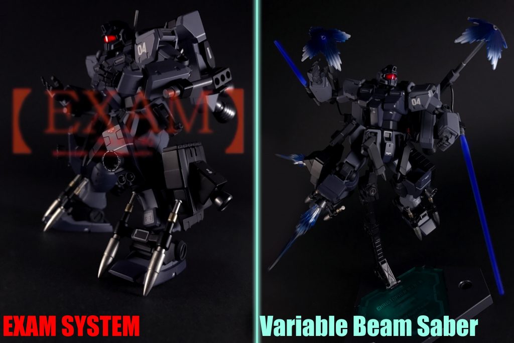 EXAMシステム対NT戦闘システム。メインカメラが赤く発光し、リミッターが解除され、機体性能が飛躍的に向上するものの、オーバーヒートと「暴走」の危険性が付与されます。本機は通常状態でも操縦難易度が高く、システム稼働時の操縦は困難を極めてしまう為、システムに操縦を完全委譲、あえて「暴走」させる事により、文字通り¨人を超えた¨性能を発揮します。ソロプレイを行う性質上、味方機が存在しない事が幸いし使用が可能な本機最後の切り札。
可変式ビームサーベル袖下に装備されている、高出力の蒼色のビームサーベル、「Iフィールドジェネレーター」の粒子偏向機能の恩恵により、ビーム刃の細かい集束率の調整や伸縮が可能、引き抜いて使用する必要が無く、白兵戦時の乱戦で効果を発揮します。