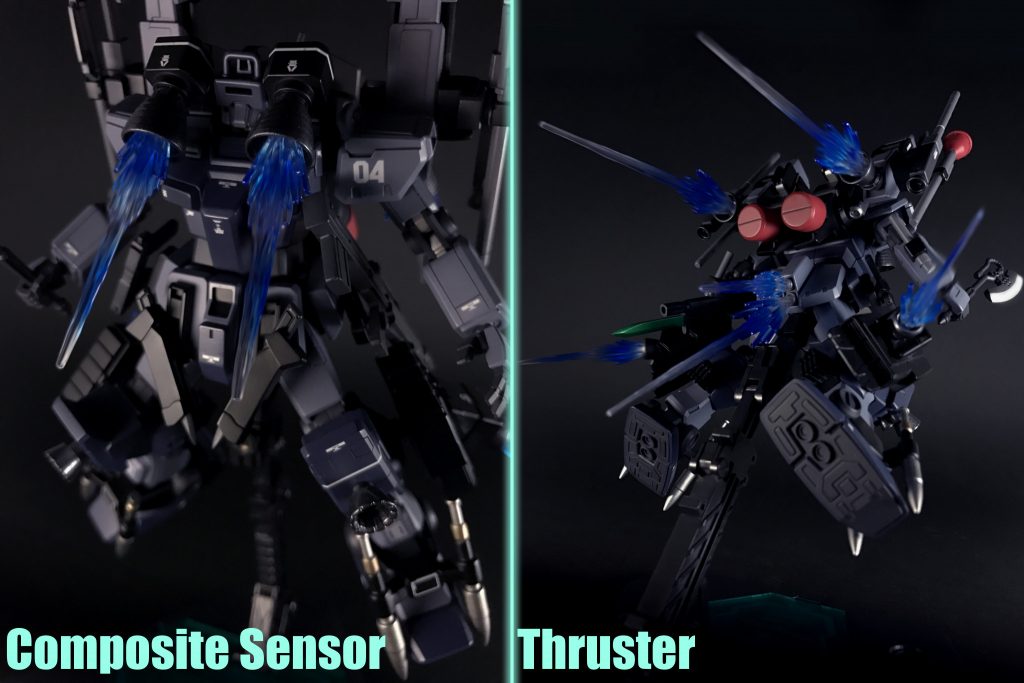 複合センサーポット頭部メインカメラの保護機能と夜間戦闘用のナイトビジョンやサーマルビジョンを搭載している、ゴーグル型の複合センサーポット。C形態移行後は爆砕ボルトによってパージされます。
スラスター本機の高速戦闘を支える大小のスラスター群、バックパックに搭載されているものは機体挙動に合わせ、フレキシブルに可動します。両肩のスラスターは「RGM-79KC ジム・インターセプトカスタム」の「フェロウブースター」を参考にしており、本機は主に重力下の使用が想定されているものの、宇宙空間でも高い機動性を発揮します。