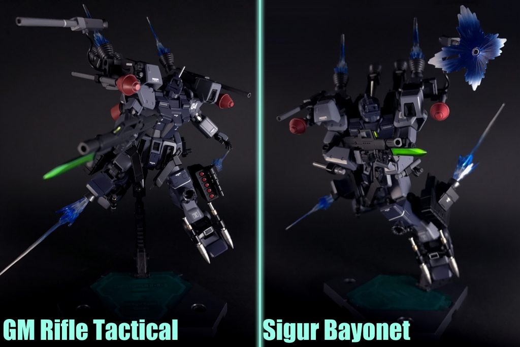 ジム・ライフルタクティカルケースレス弾薬とブルパップ式で重量と取り回しに優れる「HWF GMG・MG79-90mm」をベースにバレルを切り詰め、コンペンセイターを装備し、近距離での運用に特化、腰部にもマウント可能で、後述の「シグルバヨネット」を着剣する事で突撃時の頼れる¨銃槍¨と化します。
シグルバヨネット高速振動単分子銃剣、実体剣でありながらビーム刃を大きく上回る切断力を有し、「AGE-1S ガンダムAGE-1 スパロー」同様の高速戦闘を得意とする本機と相性の良い武装、見た目に反し非常に重量があり、「ジム・ライフルタクティカル」に着剣する事で、射程距離が落ちるものの、マズルジャンプが軽減される事により近距離での有用性が向上します。