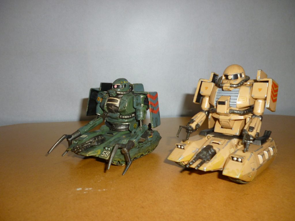 自作ザクタンクとの比較です。緑色の方は、高校生のころに自作したものになります(昨年ガンスタさんにも投稿したので、よろしければ本作品と合わせて是非ご覧になってください)。こうして比較してみると、やはり結構違いますね。