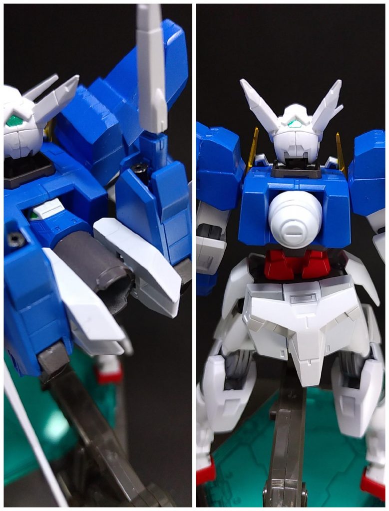 コア･ファイターの替わりに粒子貯蔵タンクに交換可能で貯蔵タンクに交換した場合、脳量子波による遠隔操縦や貯蔵タンクに実験的に併設されたELS用コックピットから操縦する事ができる。
サバーニャのGNドライヴ部分、プロペラントタンク(丸)とM.S.Gディテールカバーを使いました。内側はプラ板で箱を作り中に磁石を入れました。