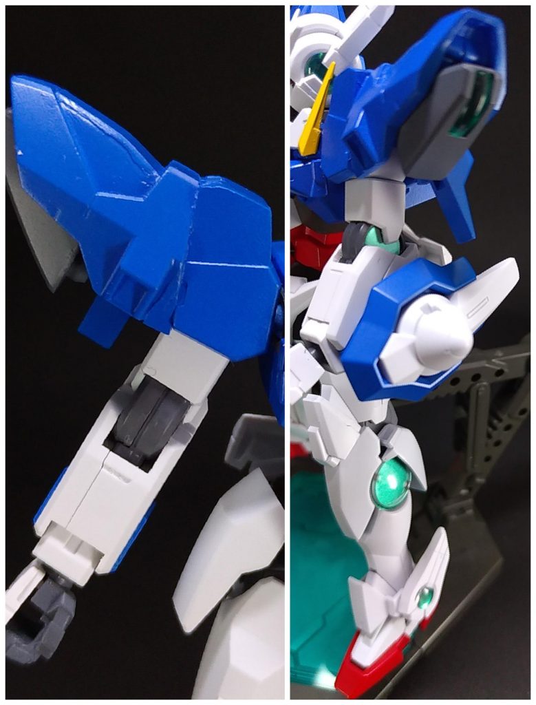 腕部はサバーニャにエクシアリペアIIの肩を追加。肩のグレーのパーツは粒子貯蔵タンクの設定です。ダブルオーダイバーのヒザパーツ上半分を使い、グリーンのクリアランナーの角の部分を使って隙間を埋めました。ハンドパーツはダブルオーダイバーを使ってます。