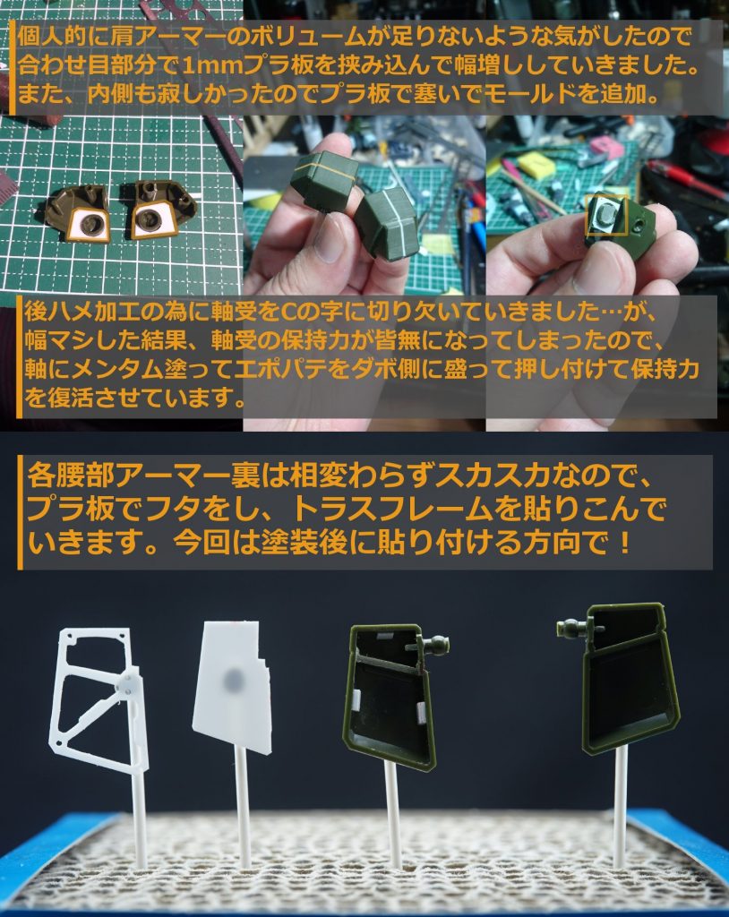 ## ・各部のアーマー裏塞ぎとトラスフレーム

プラ板で塞いでトラス状に切ったプラ板を貼り付けていきます