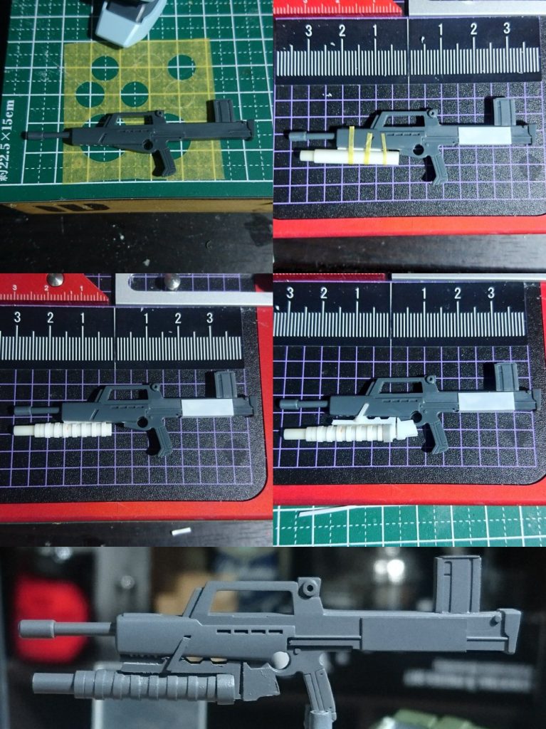 ## ・ジムライフル改造

プラ板とプラ棒でグレネードランチャーを自作しました。