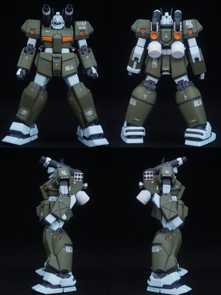 ## ・四方から
四方からぐるりと

淡い青緑はジムカス製作時のレシピがあったのでほぼ完全再現できて楽だったんですが、濃緑色部は悩みましたね。
やや茶系に振って設定に近づけるか、それともミリタリー臭く成型色に近い色にするか…と悩んだ結果、『フルアーマーガンダム』のカラーリングを一部採用。

それに伴いダブルビームライフルやディテールを追加しています。