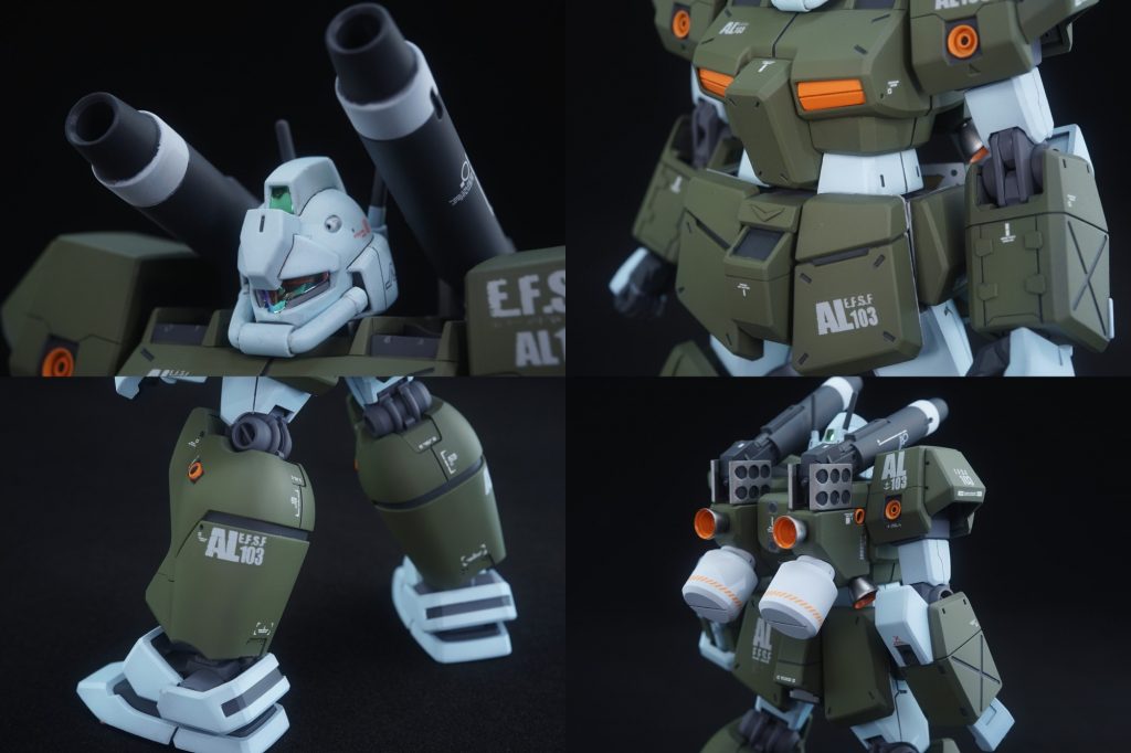 ・各部のアップ

頭部はマイナスエッジにスジボリを入れて立体感…というか別パーツ感を出すように彫り込んでいきました。

胴体部はマイナスエッジを彫り込んで別パーツ感を演出する程度のかなりプレーンな仕上げに。
胸部前面装甲・肩上部のキャノン保持レール・胸部側面～背面部位の分割で強度の高さをアピールするのが狙いです。

肩アーマーは薄っぺらい気がしたので合わせ目で1mm延長。
前後の丸ノズル内に市販の丸ノズルを貼り付けて二重化したり、肩アーマー側面内部に長方形のスラスター仕込んだりしています。

前腕部はメンテナンスハッチっぽいモールドを彫りつつ、