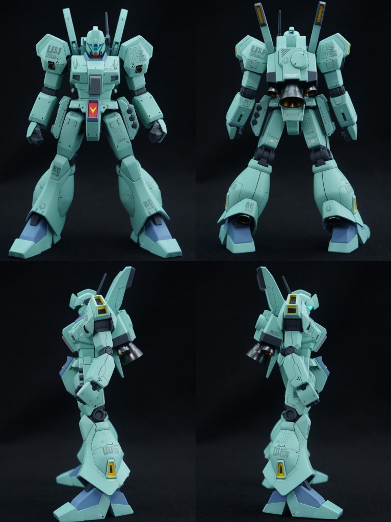 ## 四方から
2009年発売とは思えないパーツ構成で、後ハメや合わせ目消し等の手間もかからないという良設計。
不満点は股関節周りがBJなので、できれば『HGBD ジェガンブラストマスター』についてきた股関節パーツを『HGUC ジェガンシリーズ用近代化改修パーツセット』として売り出して欲しい位ですね。
連邦系MSのネックである腹部の短さを解消し、長すぎる腕を短く、大腿部をマッシブにした程度で大きな改造はしていません。
カラーリングやスジボリは『I❤GM』の作例を参考にして