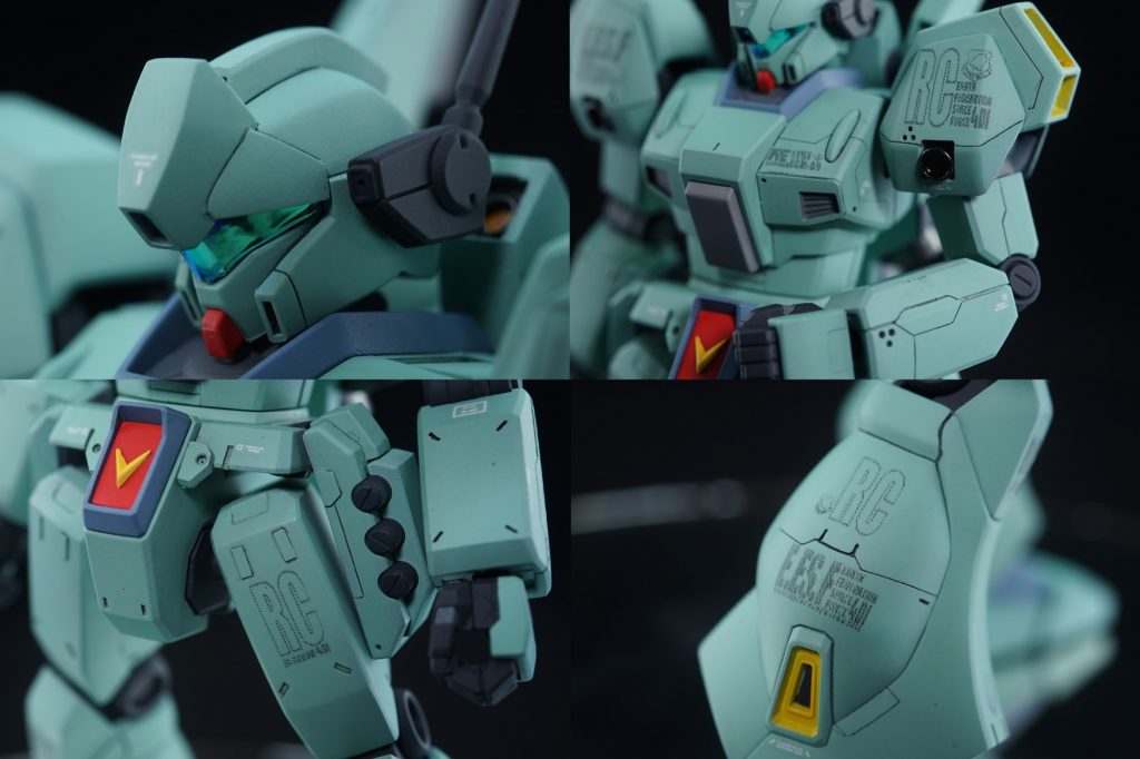 ## 各部のアップ
頭部は前後に0.5mm、バイザー下部を0.5mm延長していますが効果は薄かったかも?
次は1mm伸ばします。
バイザー内も小細工してスペースを埋めつつ後発のジム系のような作りにしています。
胸部・肩アーマー・前腕部は新規のパネルラインを重点的に彫っていきました。
腰回りはアーマー類が少なかったのでプラ板で気休め程度の装甲版を貼り付け、