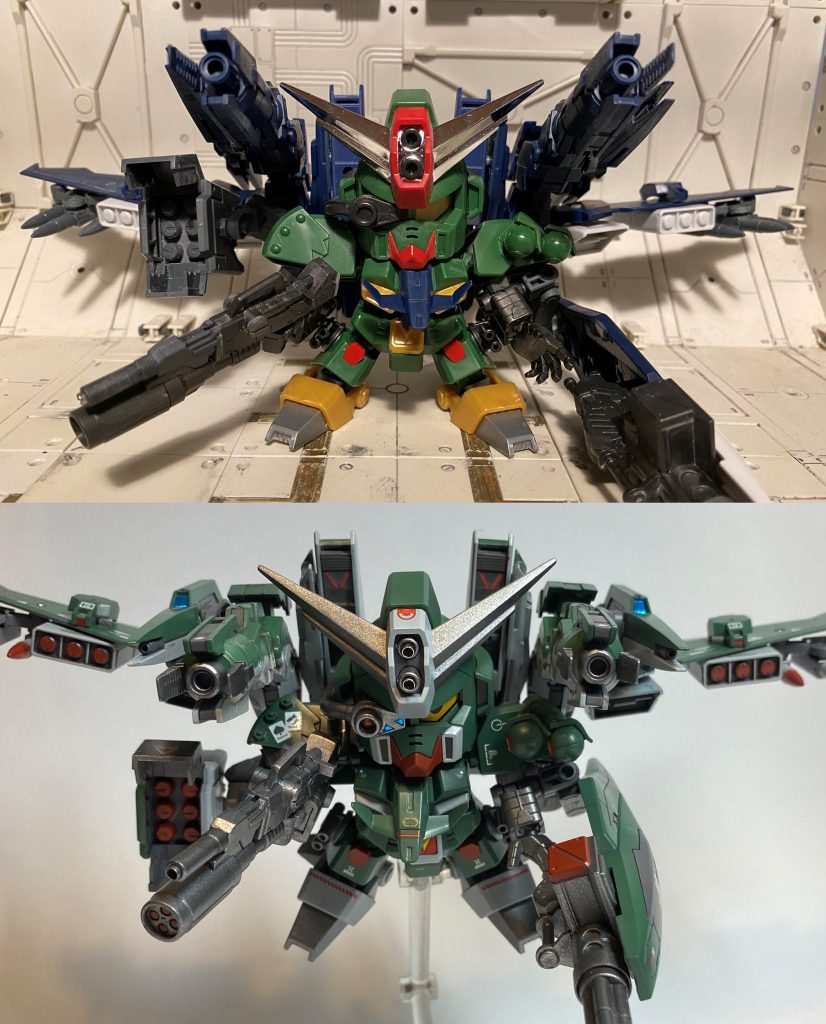 *■塗装・仕上げ*
コマンドガンダムのカラーに航空機をイメージしたグレーを加える形で配色。サポートメカ機体下面はややキツめにグラデーションと汚しを行い、航空機らしさを表現しました。それ以外の部位は珍しく汚しは控えめ。その分デカールはちょっと多めに貼っています。
また、ターゲットスコープのレンズ部分を加工し、クリアパーツに置き換え。三角形のモールドもセンサーと考えてホイルシールを貼りこみ。その他センサー類もホイルシールを切り出して貼っています。