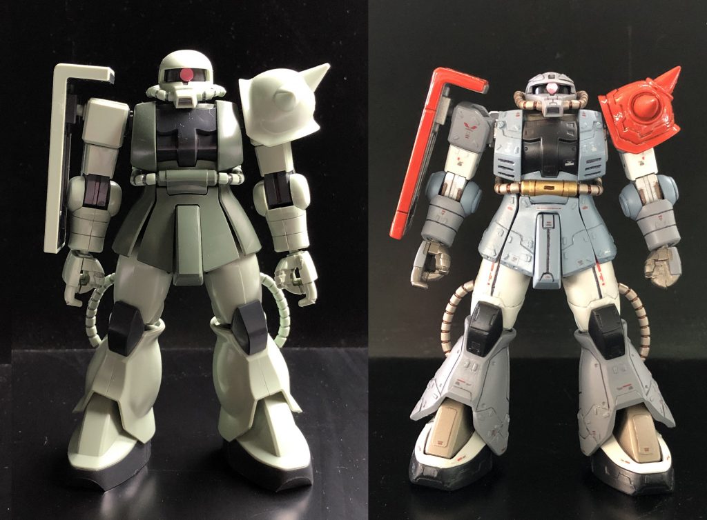 素組との比較。
ほぼ全身に手を加えてます。
頭頂部をパテで裏打ち後削り込み、肩の取り付け位置を２ミリほど上方に
移動、太ももを１ミリ延長、足首回りの形状をエポパテで成形等。