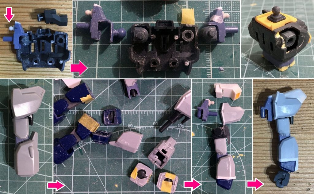 肩関節改造の目的は“フレームごと前後運動させること”です。・キットの2軸ポリキャップ(以下PC)をボールジョイント状のものに交換して、フレーム側も接続軸を移植。フレームパーツ自体も削り込んでいます。・肩の構造は、前後装甲と中央スラスター部の3ユニット構成に改め、スラスターは旧HGUC「百式」の肩からエッチングソーで切り出して流用。左上に見えている小さなボールジョイント(=RG「ストライク」の腰スカート接続部)で接続。・ボディ側は背面パーツの肩口を現物合わせで慎重に切り欠いて、可動のクリアランスと強度を確保。・手首はカトキ版RX-78のように処理したかったので、「GMクゥエル」の手首部分をカットして接着。元キットから2mmほど延長されて、納得いくバランスに。