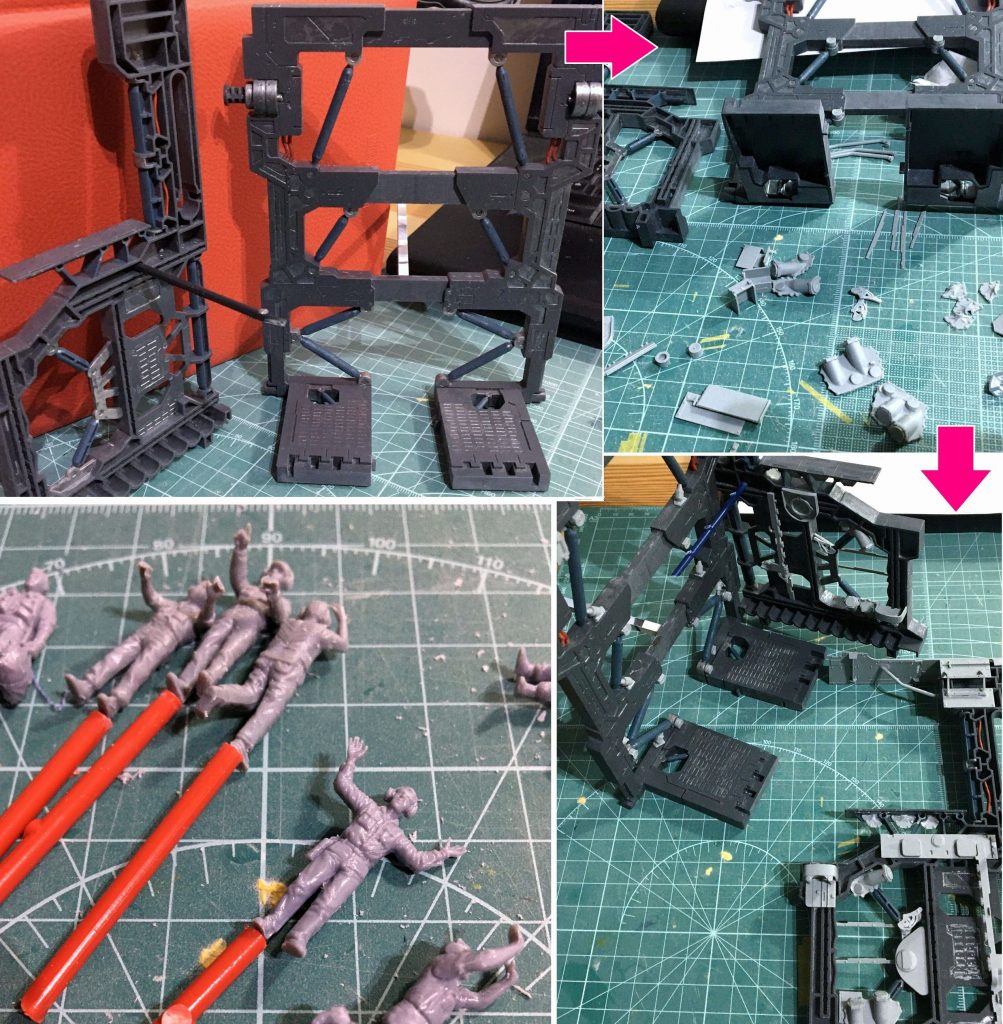 その後は適当に金属色でドライブラシだけして放置していたんですが、何というか……やっぱり許せなくなってくるんですよ、「肉抜き」が(笑)。スケールモデルのパーツを貼ってお茶を濁してもダメ。結局、心に蓋はできない。で、結局、プラ板とポリパテで埋める、と。パテが乾くのを待ちながら、塗装に備えてフィギュアの足裏に穴を開け、0.5mm真鍮線で持ち手のランナーと繋ぎます。5体目を越えたあたりで無心になります。