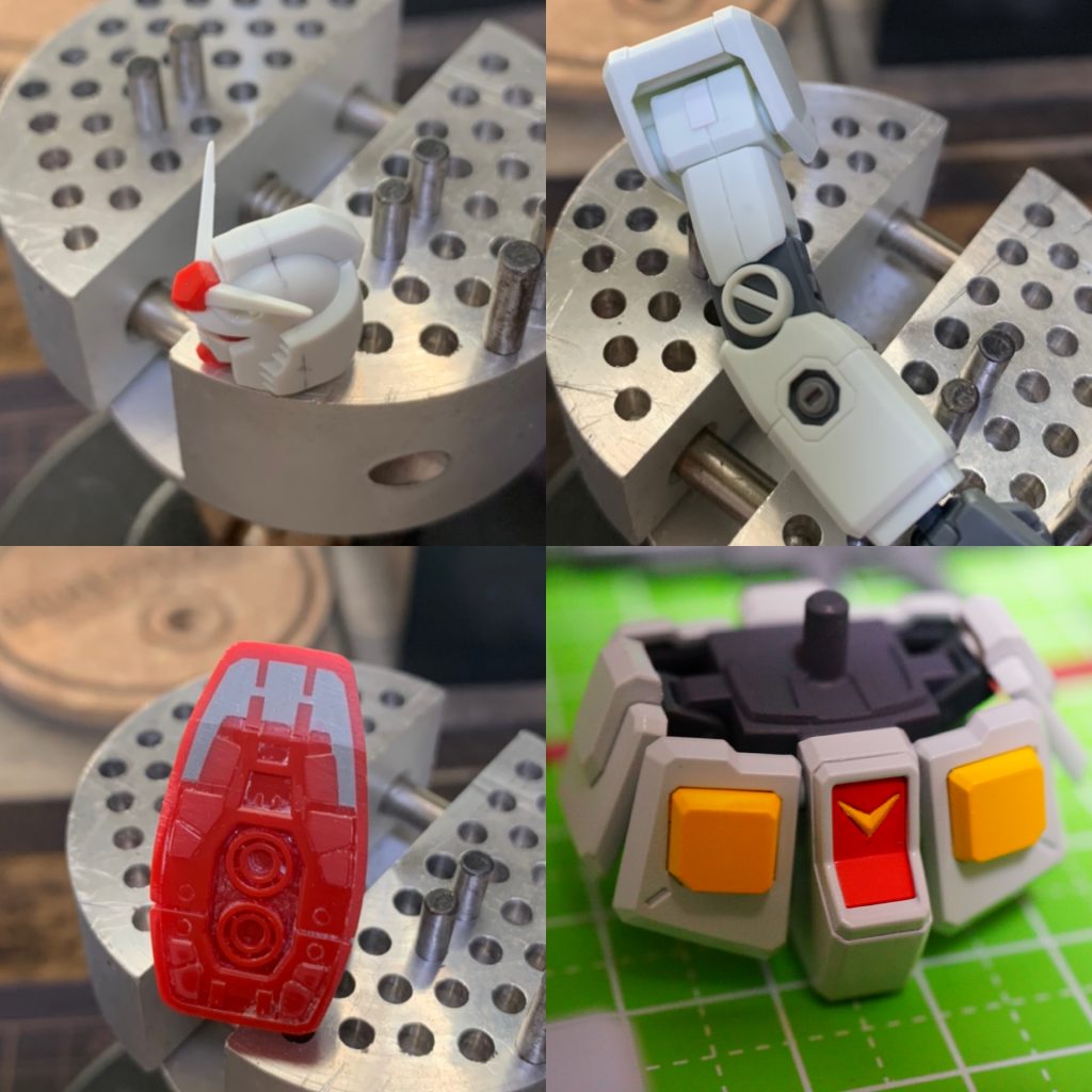 工作です。ガンダムは頭部の合わせ目を消して新たに筋彫りを追加しています。肩部分のモールドは一度削り落とし新たにプラ板で作り直し、使わない3mm穴はモールドパーツで埋めました。足裏の肉抜きはパテで埋め元のモールドに合わせて形を整えました。股間のVマークは周りを彫り込みマスキングをして塗り分けしました。シャアザクは写真を撮り忘れました^^;モノアイは穴を開けメタルパーツを裏からはめ込んでいます。腕の合わせ目はパーツを上下で分割して消しました。