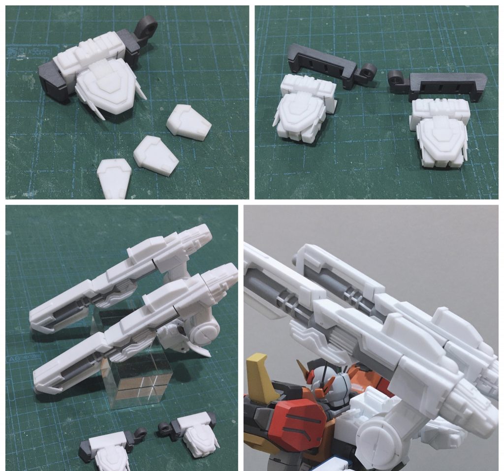 バックパックウェポンのバスターキャノンとEパックラックとEパック。すべてプラ板とプラパイプで作製しています。