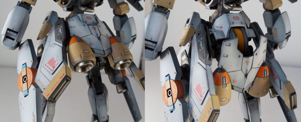 ガンダムフレームといえばツインリアクター。
このグレイズも二基のリアクターを搭載しています。
しかし、搭載位置は腰から臀部まで部分をリアクターとしています。
ガンダムのツインリアクターは特殊な調整の下、連結・同調を行っています。
そのため相乗効果によって高い爆発力を得ています。
ガンダムフレームに行われる特殊な調整は技術的に不可能なため、この機体のリアクターは単純な増設となっています。それでもエネルギーの発生量・効率等は高く、負荷分散としての役割も果たすので安定性・稼働性も非常に信頼のおける物となっています。
サイドにある追加スラスターはコトブキ屋のMSGパーツ使っちゃってます。案外違和感なくフィットしててビックリ。中央のスカートブースターはヘルムヴィーゲ・リンカーの背面ブースターをそのまま採用。