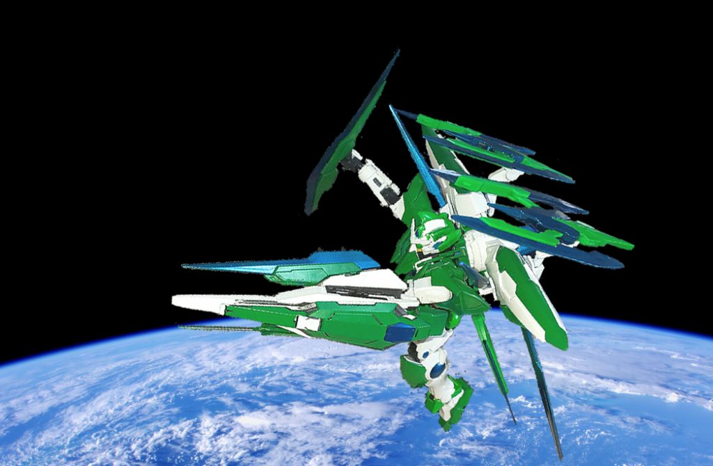 画像加工してもらって宇宙空間での戦闘風に。
GNソードビットの砲撃形態絶賛展開中です。