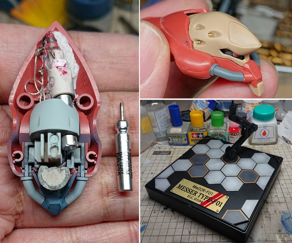 製作中の写真。モノアイの発光ギミックには釣りの電気浮きをバラして組み込んでいます。電池も浮き用のリチウム電池。メッサ―は頭が大きいので、胴体から電線を引いたりしなくて済むから助かりますね。スイッチも組み込めれば良かったのですが、自分の技量では無理でしたw
