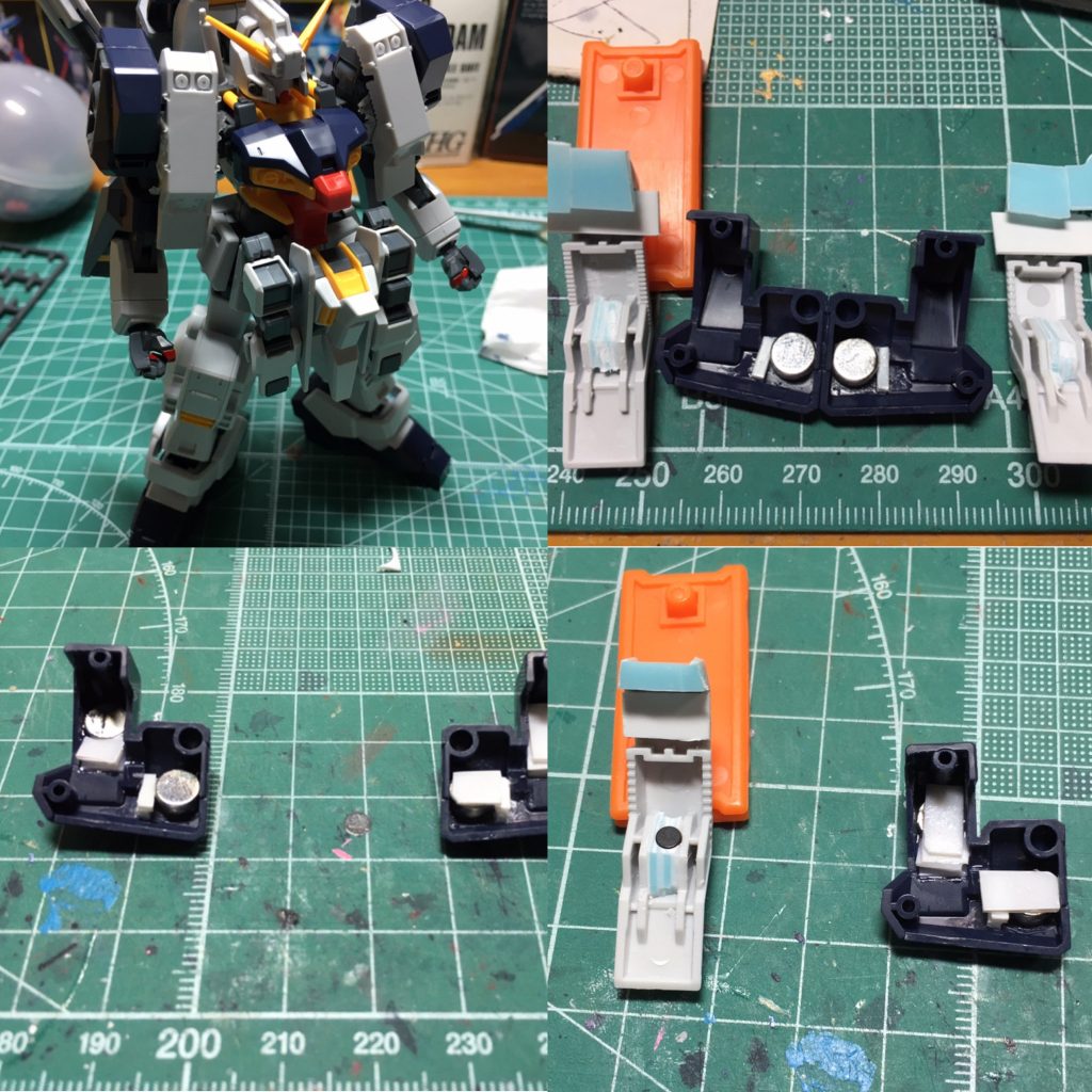 途中、肩に増加装甲を装備した写真がちょこちょこ出てきました。これは余剰になるプリムローズのチャフランチャーです。余剰パーツを何とか活かしたいと思っていて、試しに両面テープで肩アーマーにつけてみたところ、胴体に近い面は形状がジャストフィットしました。外側の面につけてもカッコよかったので、両方に磁石を固定。チャフランチャー側も裏をプラ板で埋めて磁石を入れました。内外両方につけられるように、磁石の極は気を付けました。 ちなみに2個あるのはヘイズル2号機でチョバムアーマー目当てで買ってたFGプリムローズのものです。