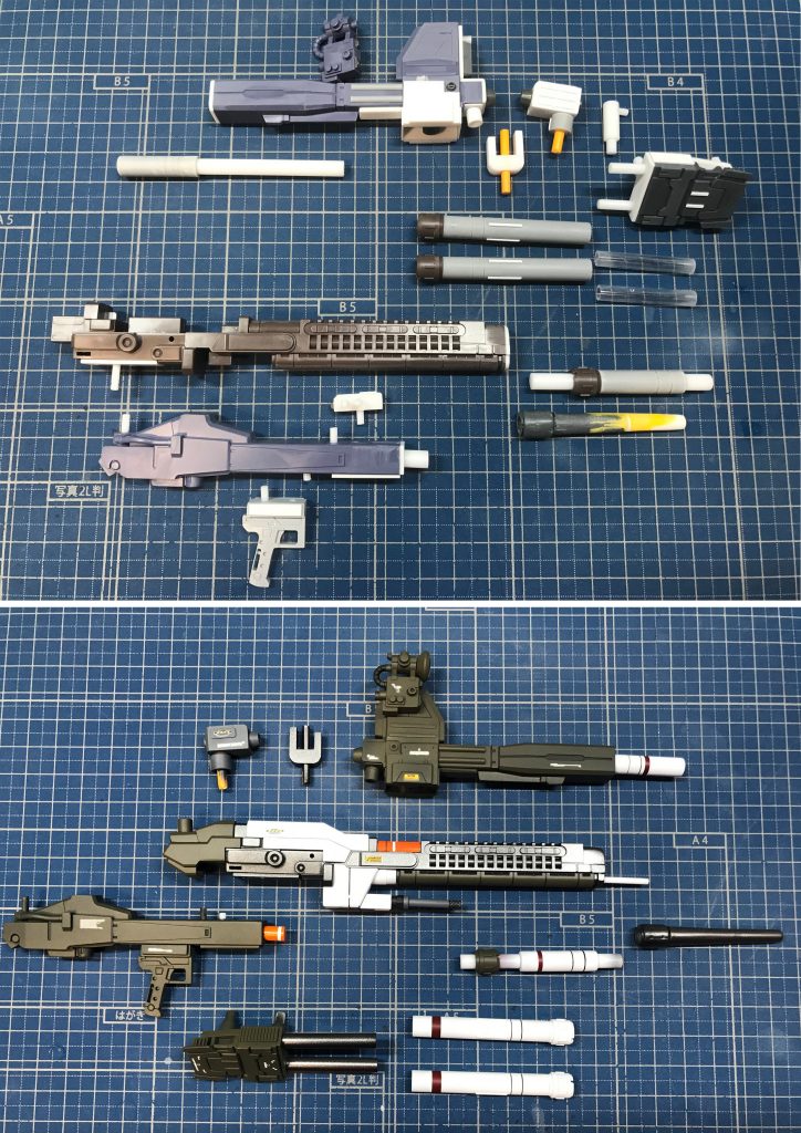 リックドムのビームバズーカを半分に切断、一方を肩のキャノン砲、もう片方は大型武器に使用。大型武器のベースと盾裏のキャノン砲はMGシナンジュスタインの余剰パーツを使用。塗装しやすいようにプラ棒で接続して組み立てられるようにしてます。