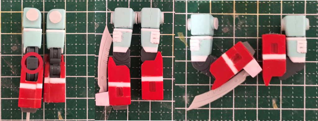 上腕にはHGUCジム、間接はHGACウイングガンダムを使いました。間接はボールデンアームズを使うつもりだったのですが、中心のパーツ(左側の赤丸部分)が大きく、腕がかなりながくなってしまったのでウイングガンダムの関節に変更しました。結果的に可動域も広がったので良かったと思っています。