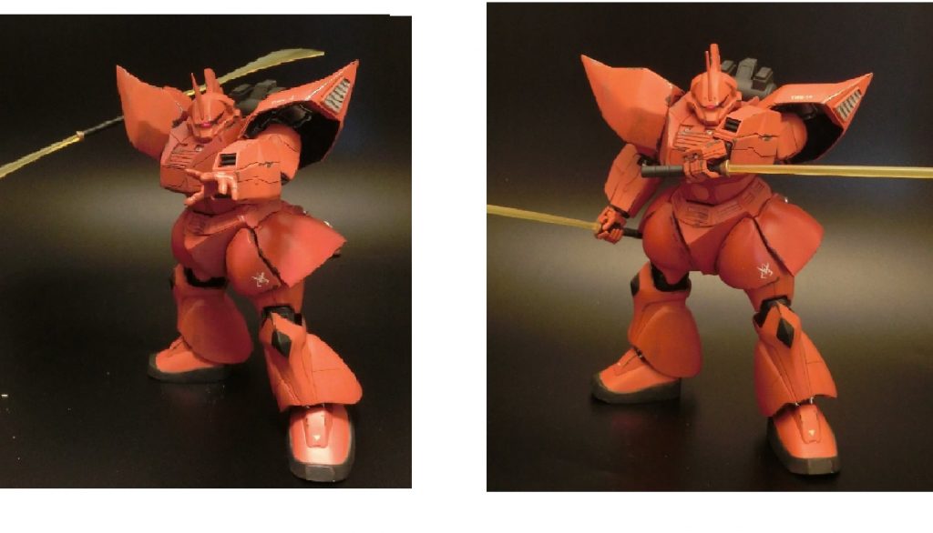 左の掌は形が好きなので、HGのものを使用しました。サイズ的には違和感は無いと思います。サーベルは2つに分割できるようにしました。THE ORIGINの漫画でガンダムにサーベルの柄を切断されるシーンを再現しました。